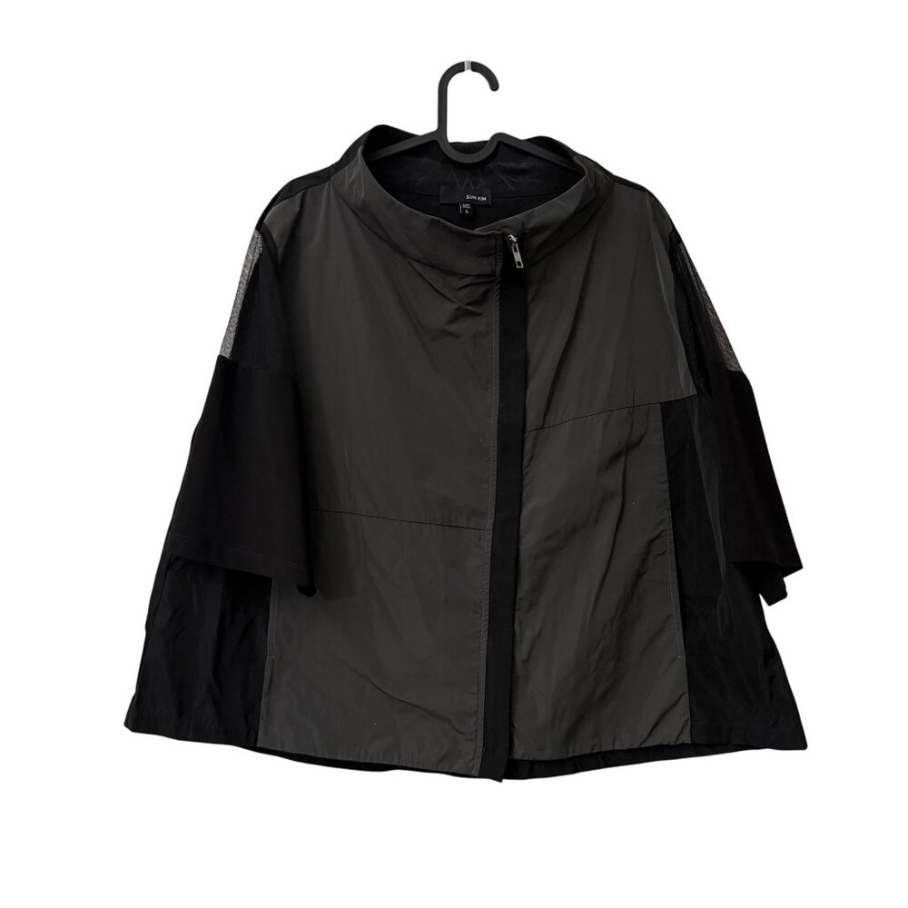 Sun Kim Gray Black Colorblock Lagenlook Asymmetric Zip Mesh Panel Jacket Small